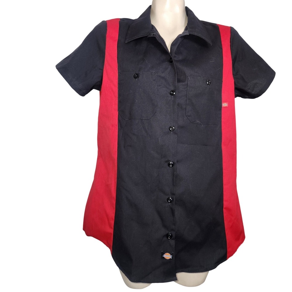 Dickies Mens Short Sleeve Work Shirt Black Red Colorblock Button Down Size M